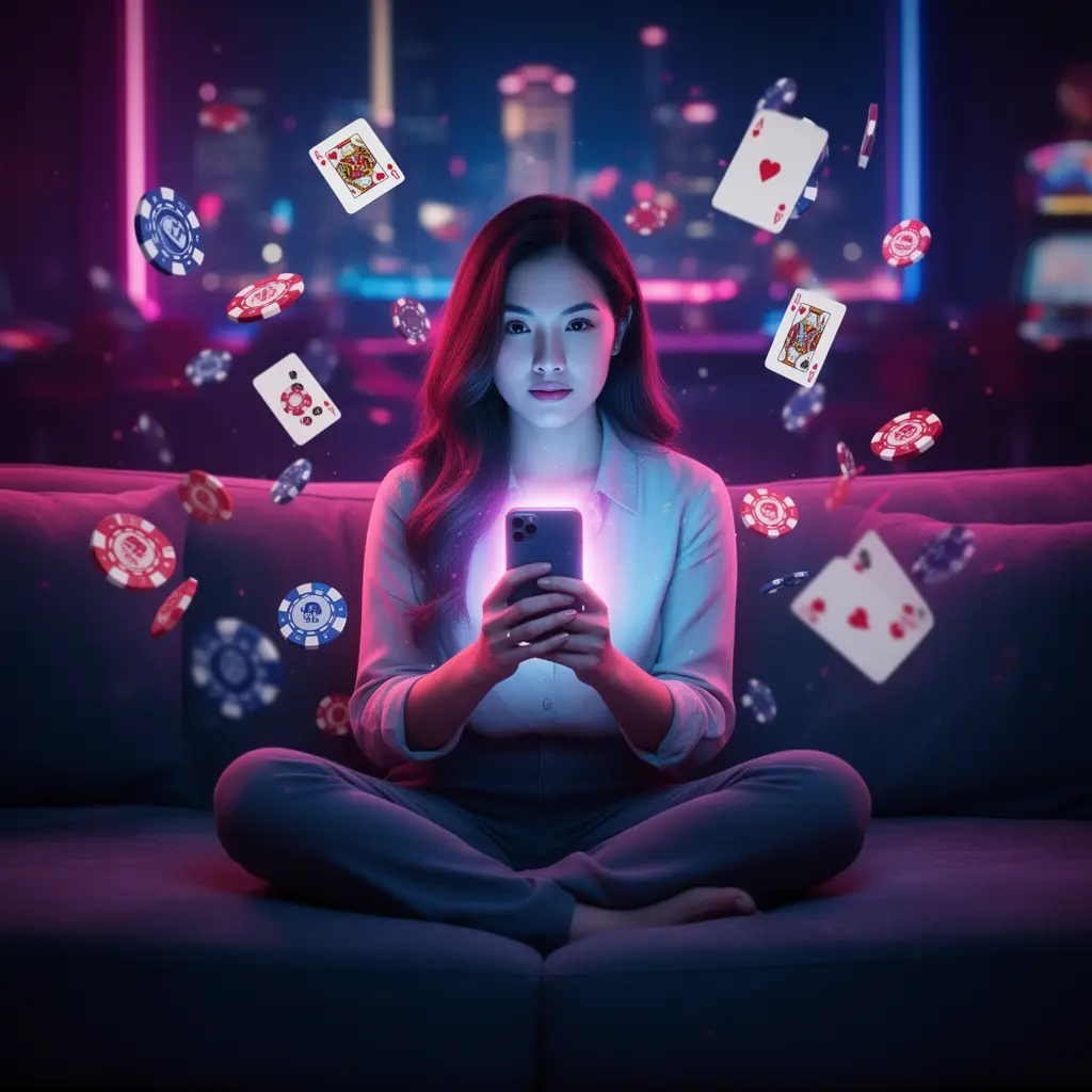 Stylish Malaysian woman relaxing on a sofa while using the MAX93 casino app with glowing cards and chips floating around her