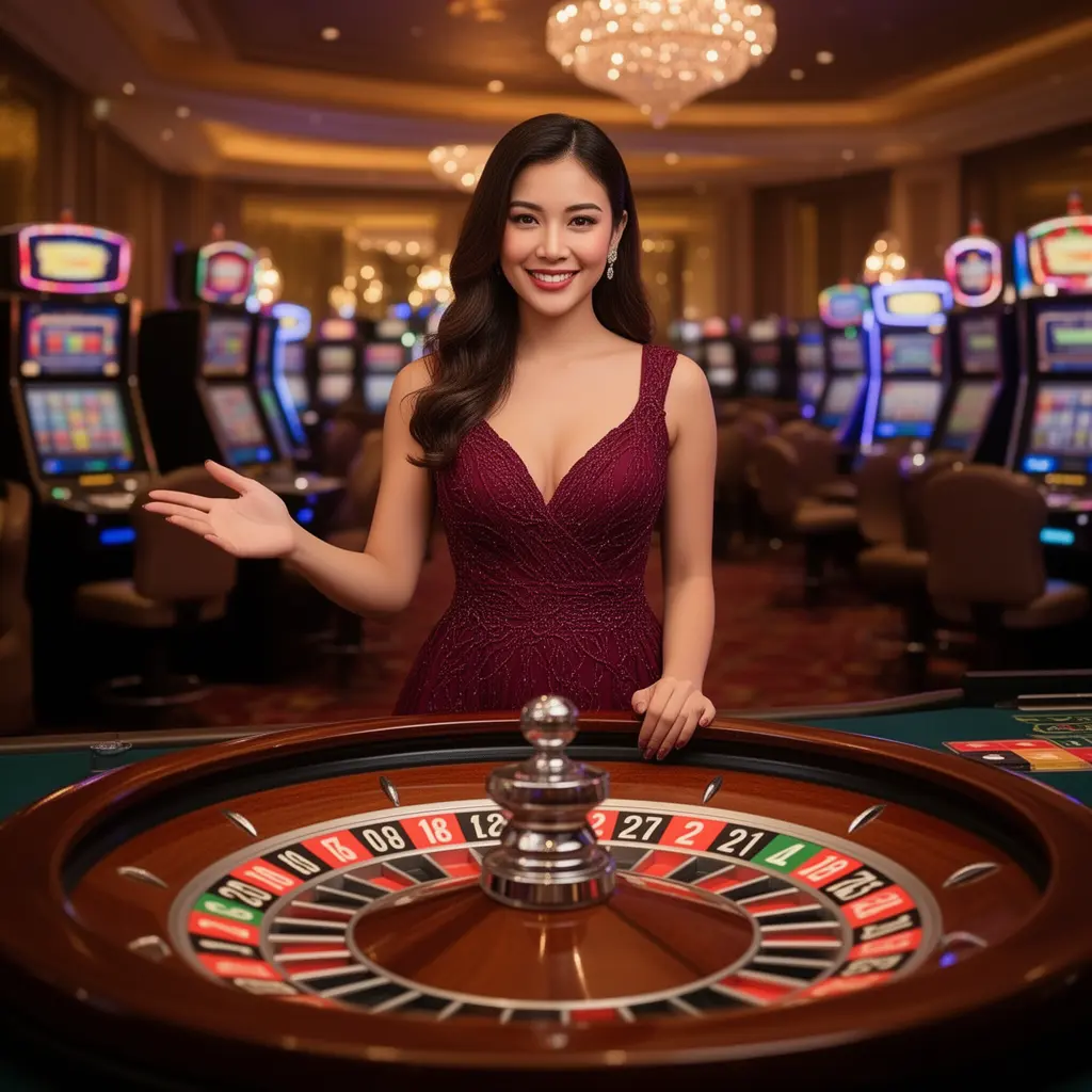 Luxury live casino atmosphere with a professional dealer at a roulette table highlighting the premium gaming experience available at MAX93 for Malaysian players