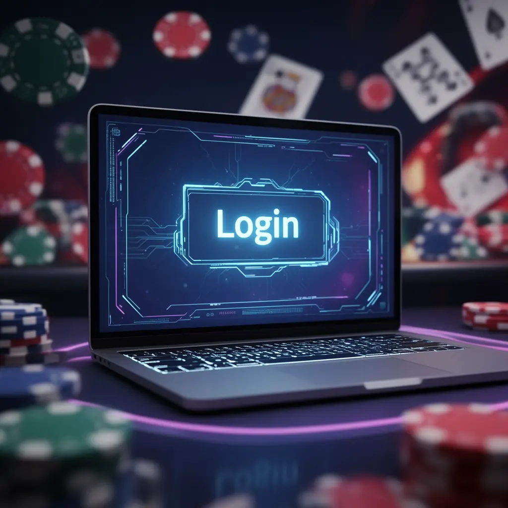 Modern laptop with a glowing login interface surrounded by blurred casino chips representing secure access at MAX93 for players in Malaysia